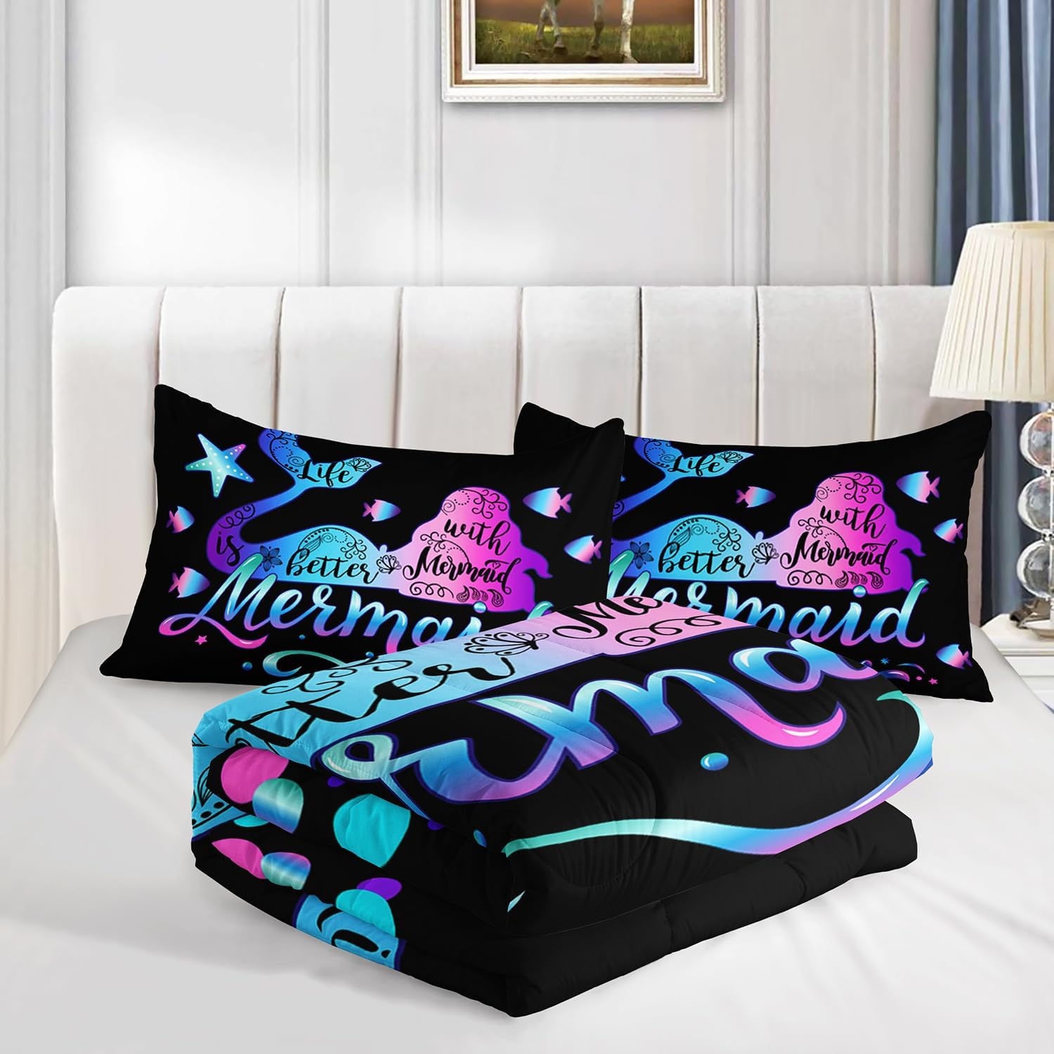 Mermaid Queen Comforter Set,Gradient Color Mermaid Starfish Pattern Bedding Set for Kids Girls Princess Room Decor,Ocean Animal Themed Bedding Comforter Set with 2 Pillowcases.