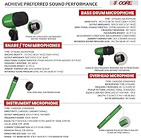 Vista 6 de 5 CORE Kit de micrófono de batería de 7 piezas, micrófonos de batería de metal, Tom/Snare y Cymbals Profesional con cable, incluye soporte