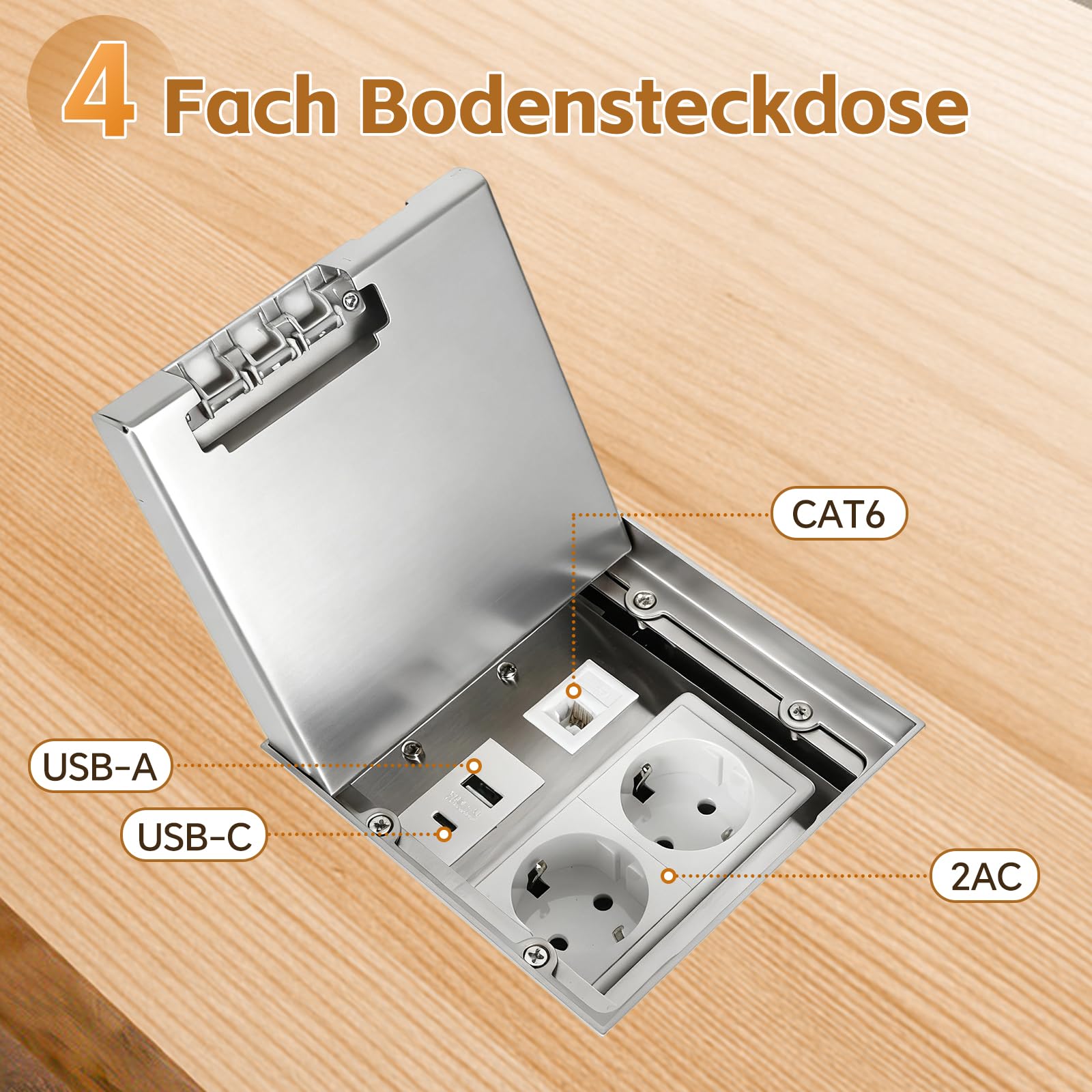 Bodentank Bodensteckdose, Edelstahl-Einbausteckdose Wasserdichte Bodeneinbaudose mit 2AC+1USB A+C+1RJ45, Versenkte Steckdose für Boden (Edelstahl)