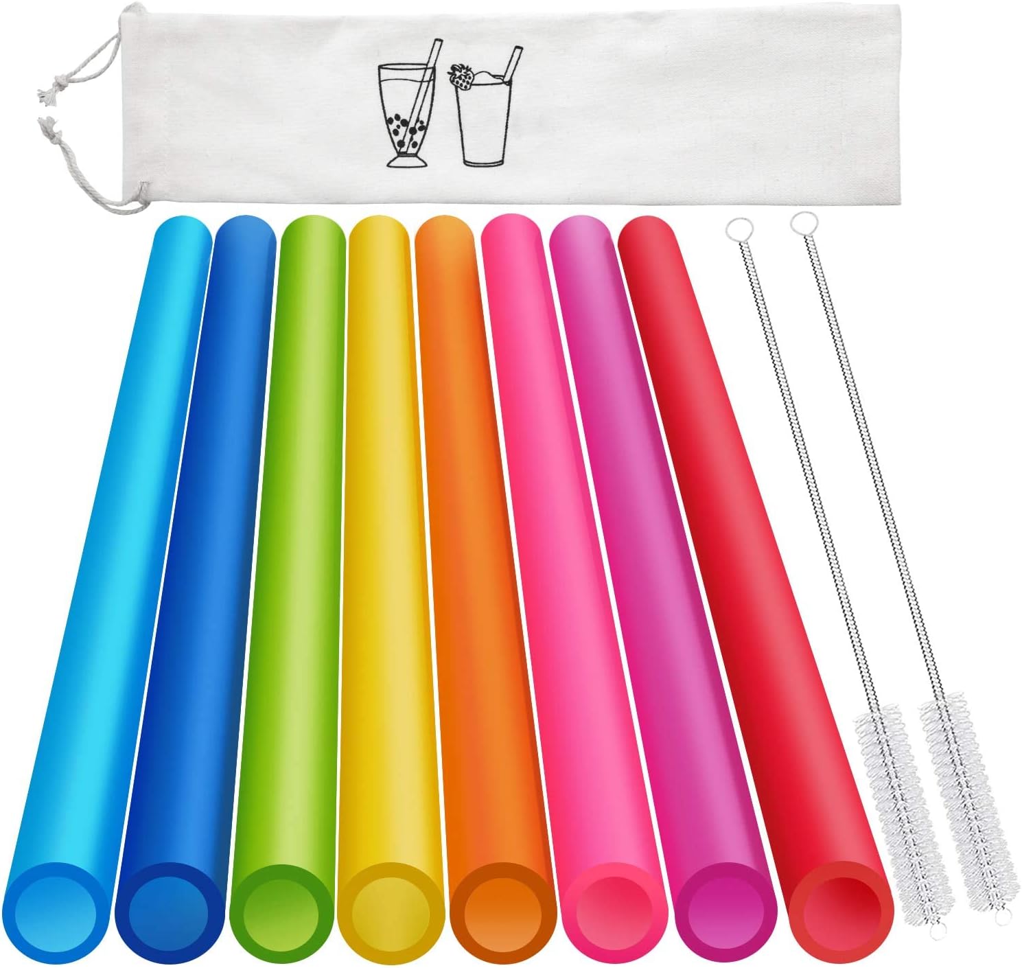 8 Pcs Extra Wide Reusable Smoothie & Boba Straws with 1 Bag & 2 Brushes - Multicolor Big Jumbo, BPA FREE Large Plastic Straws for Smoothies, Bubble Tea(Tapioca, Boba Pearls), Milkshakes