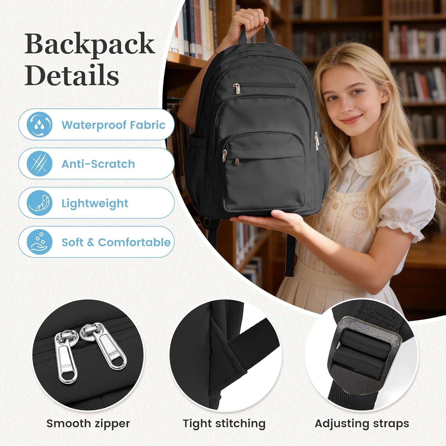 Black College Backpack For Women Men,Lightweight High School Bag,School Backpack With Lots Of Pockets,Cute Bookbag For Teens Boys Girls,Casual Daypack Backpack For School