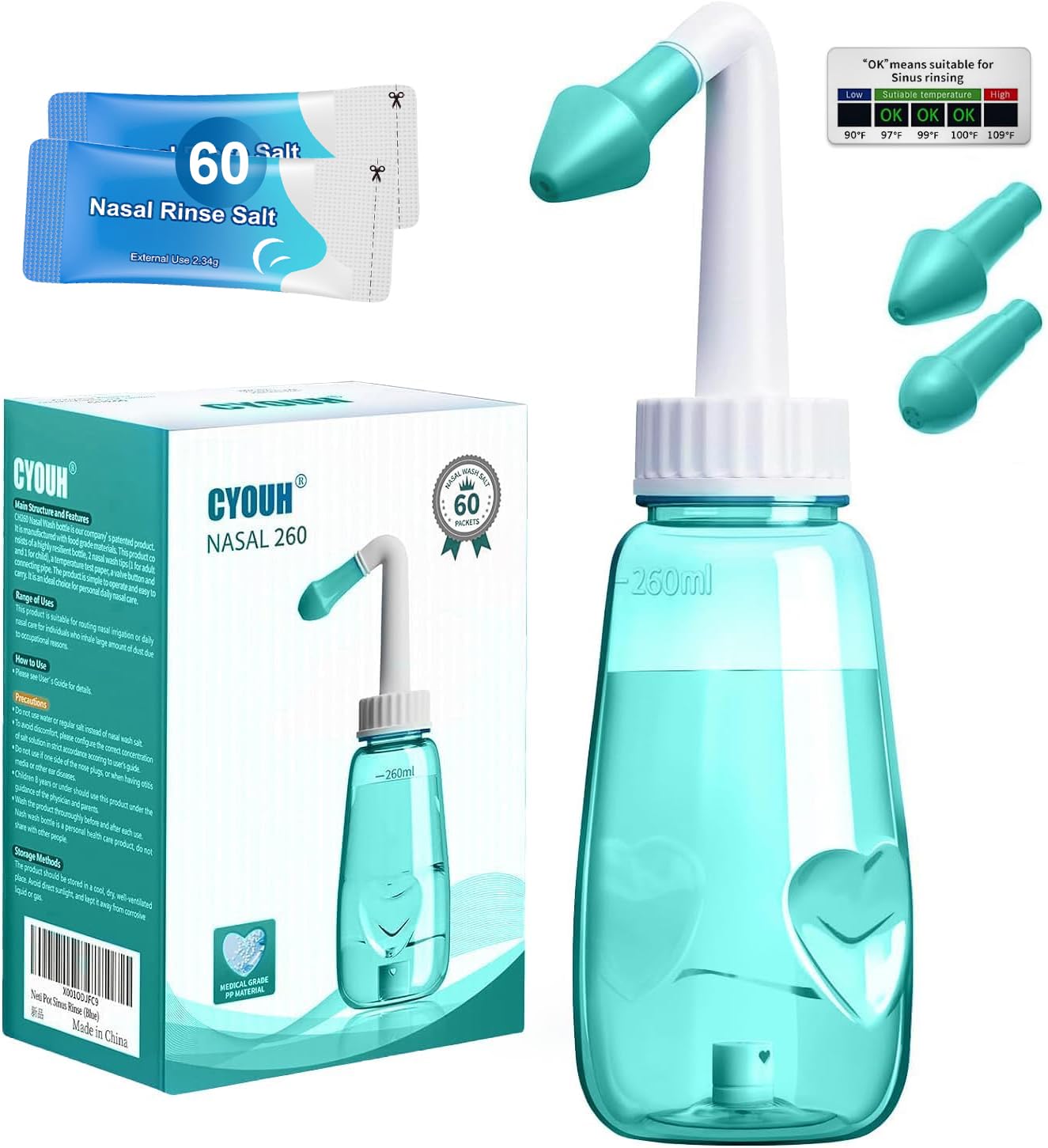 CYOUH Nasendusche Set, 260 ml, mit 60 Nasenwasch-Salzpaketen und Aufkleberthermometer，nasendusche erwachsene zur Nasenreinigung und Nasenspülung