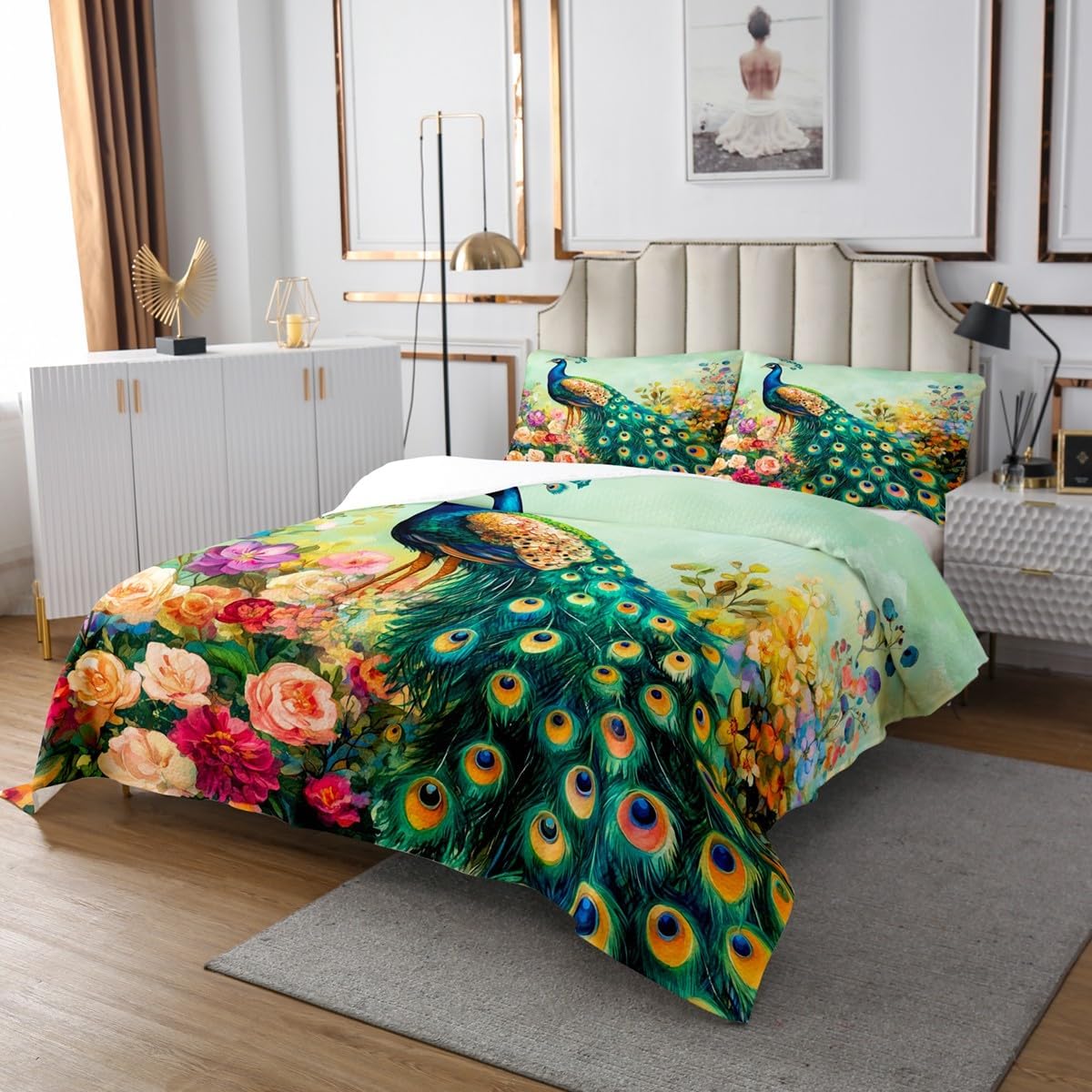 Castle Fairy Peacock Bedspread Twin Size,Watercolor Flowers Bedding Sets 2Pcs for Kids Girls Boys Room Decor,Gorgeous Animals Plants Comforter Set Luxurious Bohemian Quilt Coverlet,1 Pillowcase