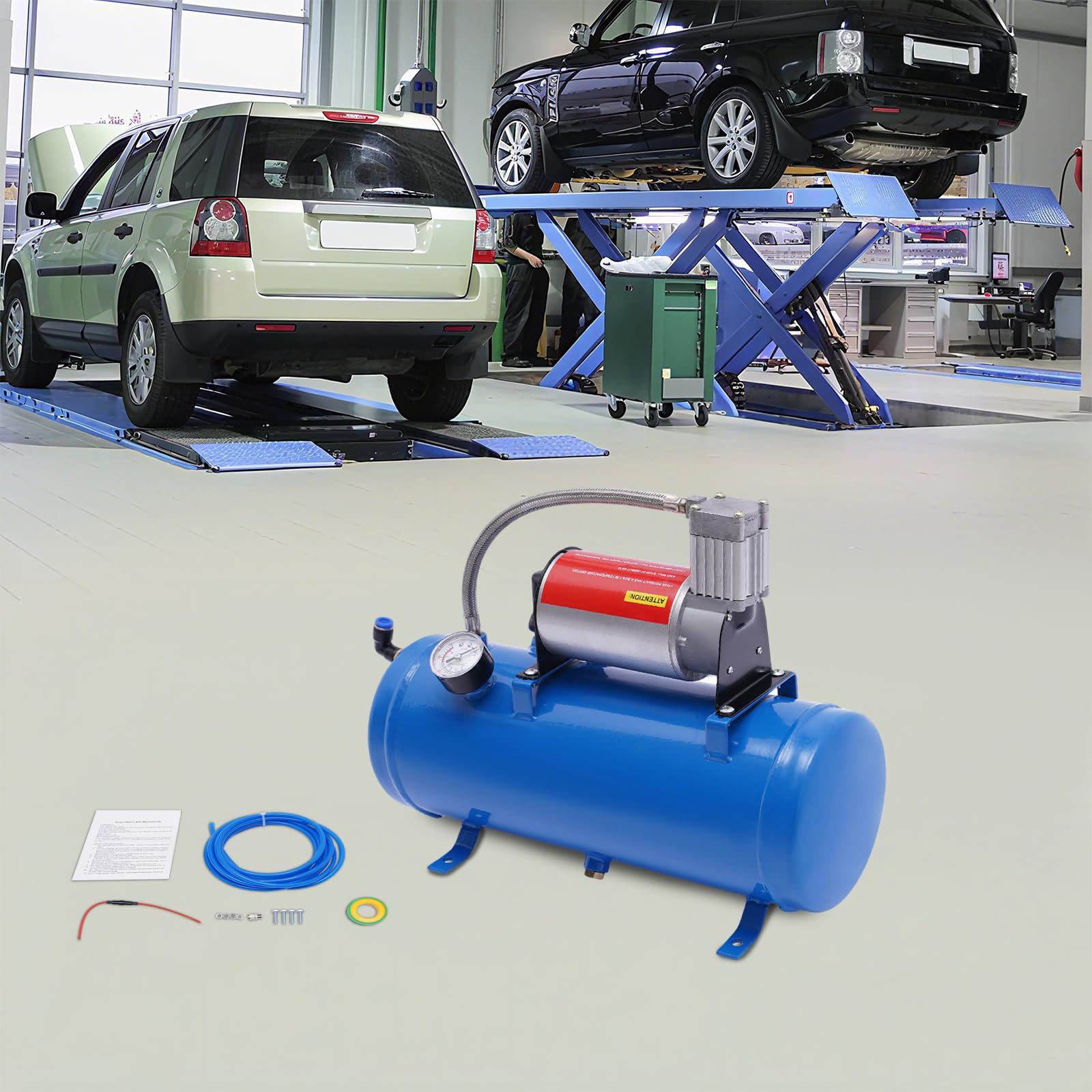 Compresor de aire para neumáticos de bocina de aire, compresor de trompeta de aire de 150 psi, compresor de aire con depósito de 6 litros DC12 V azul