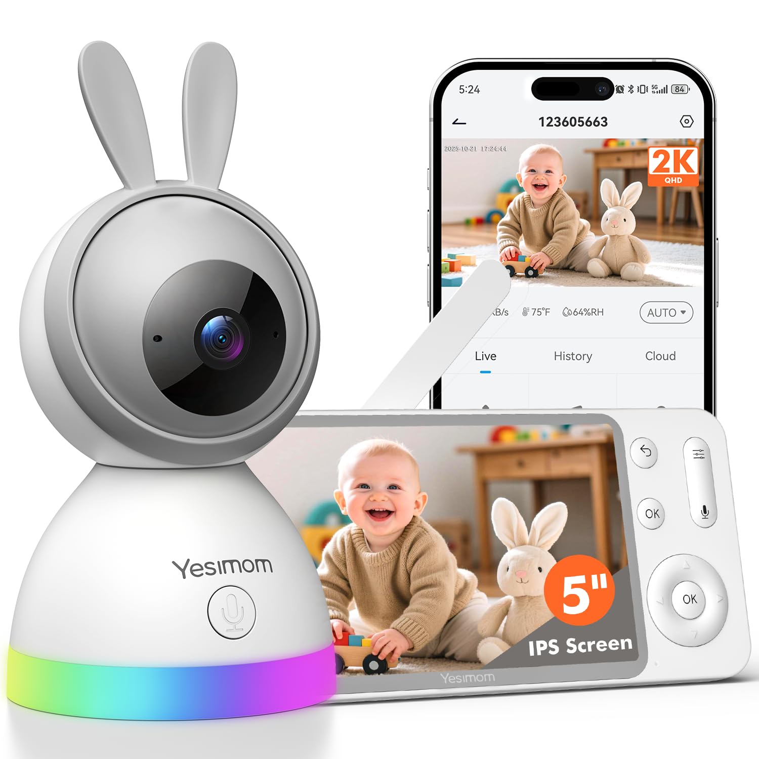 YESIMOM Babyphone mit Kamera 2K/3MP, 5" IPS WLAN Video Babyfon mit App, PTZ 360°, IR Nachtsicht, Automatische Verfolgung, Weinen/Bewegungs/Geräuscherkennung, Bereichalarm, Temperaturanzeige