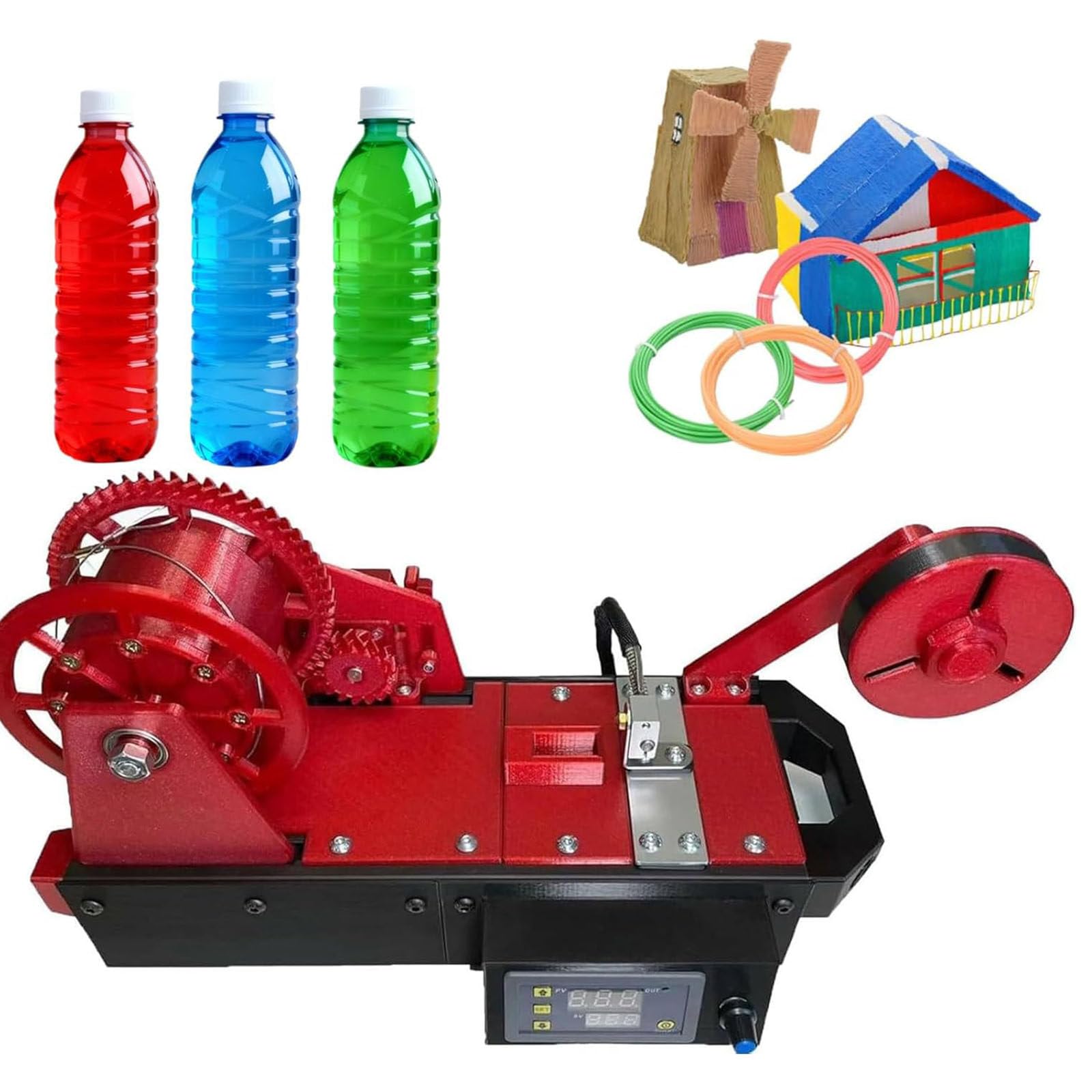 JozyJul Recycled PET Bottle Recycler, 3D Printed Bottle Recycler, Desktop Filament Extruder Machine, Pultruded 3D Filament from Plastic Bottles, PET Bottle Recycling Red