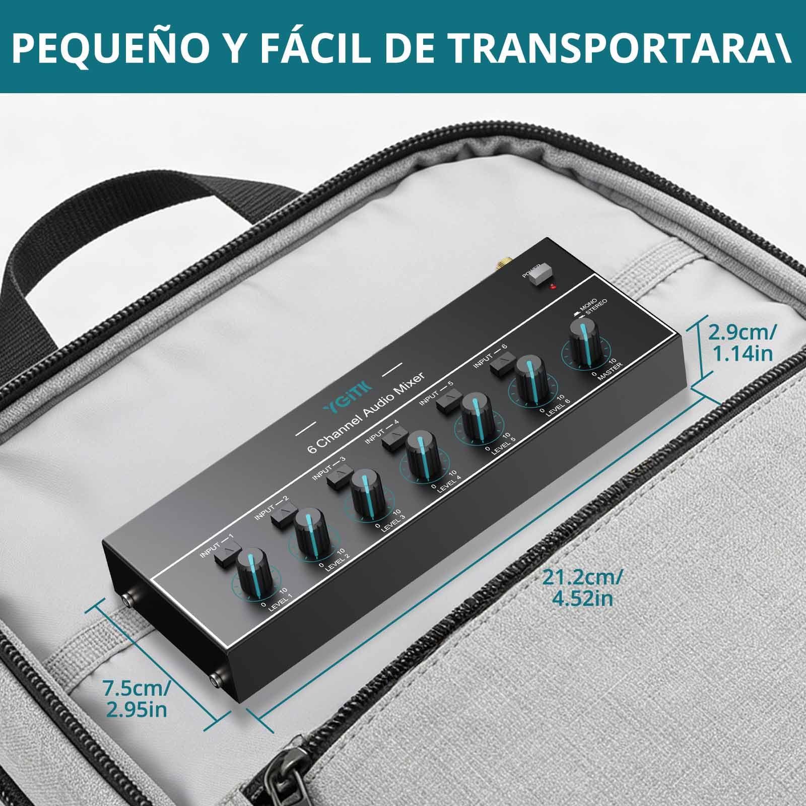 Mini Mezclador de Audio, Mezclador de Línea Estéreo de 6 Canales | 6.35mm+3.5mm TSR Salida de Audio Jack de Entrada para Guitarras, Bajo, Teclados, Micrófono Dinámico