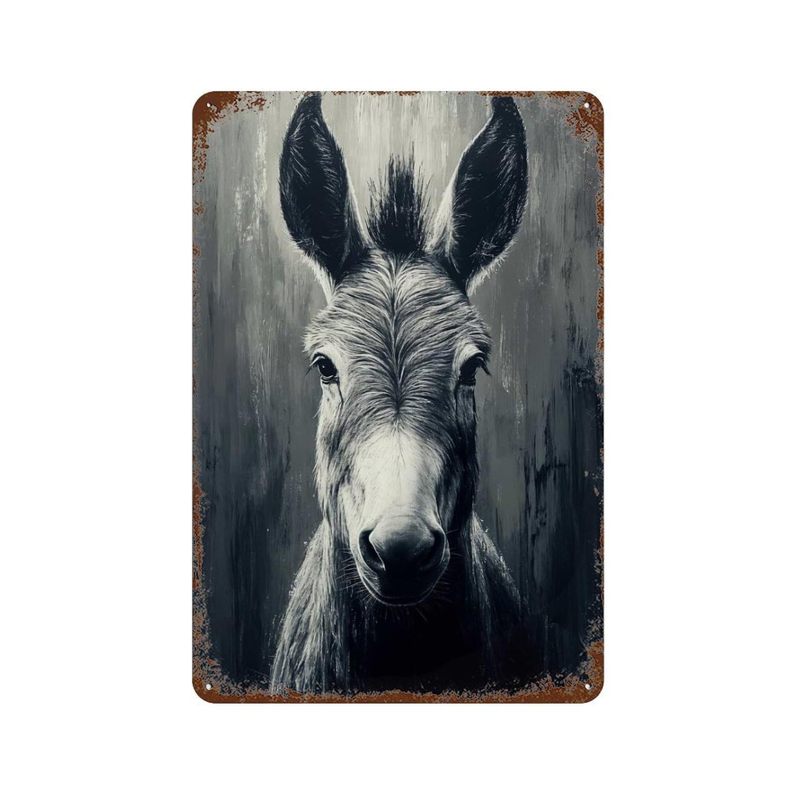 Monochrome Donkey Portrait Decorative Tin Sign 11.8"x7.9", Vintage Wall Decor for Garage, Pub Or Kitchen