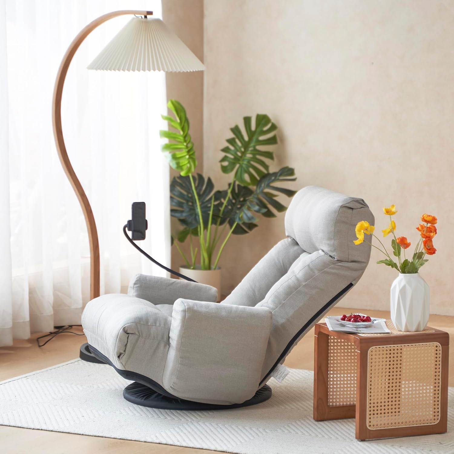 Swivel Lazy Floor Chair, Adjustable Reclining Floor Lounger with Head & Back Support and Phone Holder, Comfy Tatami Sofa Seat for Adults Bedroom & Gaming