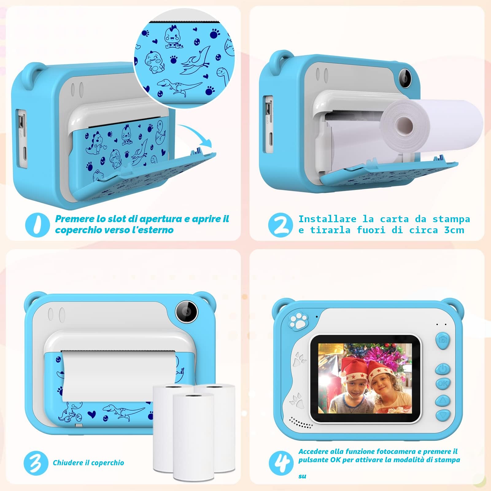 Ushining Macchina Fotografica Istantanea Bambini, 2,4 Pollici Fotocamera Istantanea Bambini, 12MP/1080P HD Videocamera con 32GB SD Scheda 3 Rotoli di Carta da Stampa 5 Penne Colorate, Blu