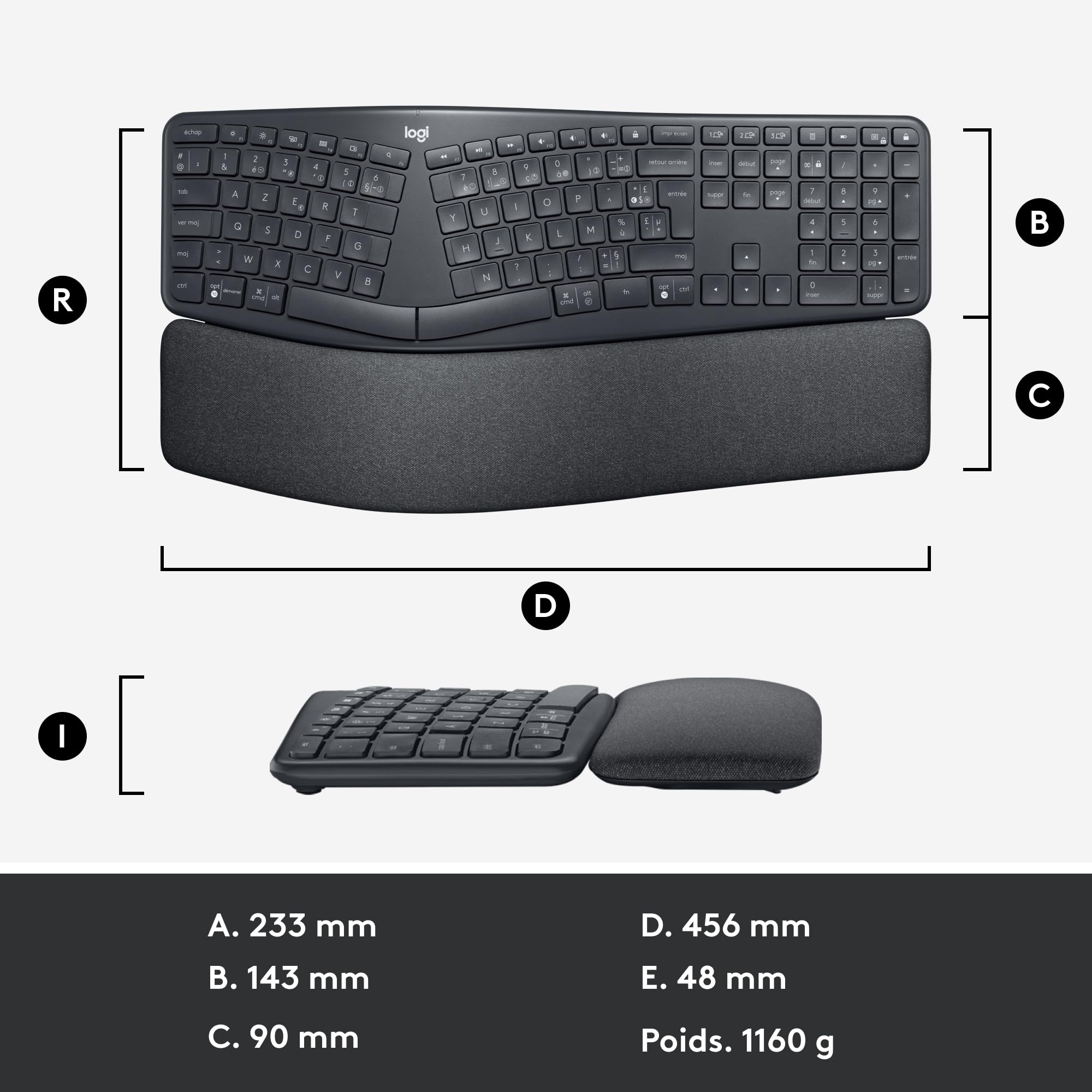 Logitech Ergo K860 Clavier Ergonomique sans Fil - en Deux Parties, Repose Poignet, Frappe Naturelle, Bluetooth et Connectivité USB, Compatible avec PC & Mac, Clavier Français AZERTY - Gris