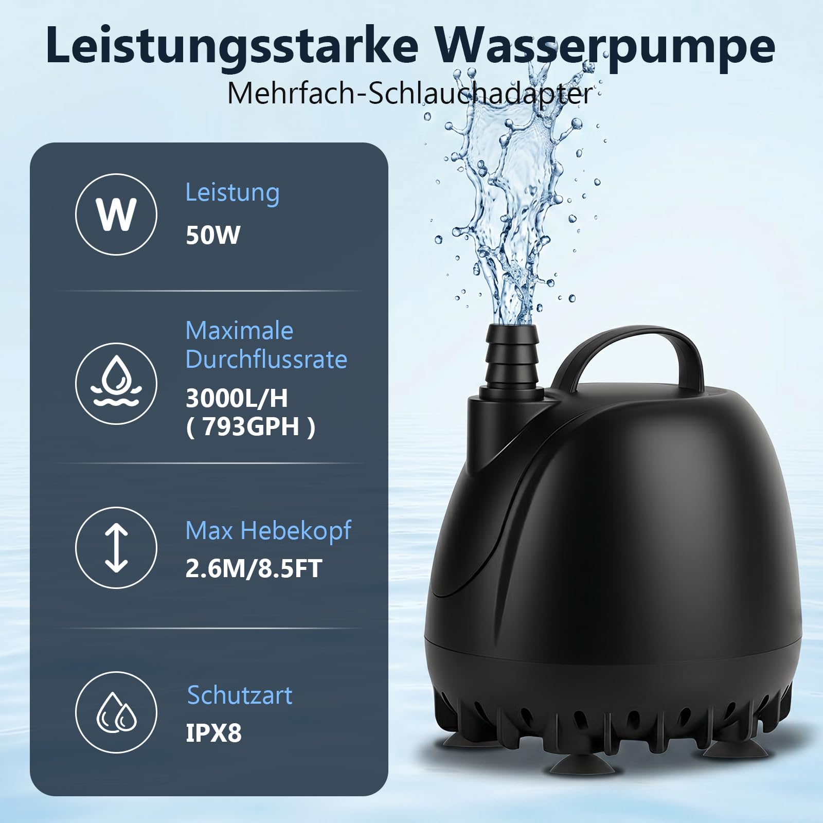 hygger Pompa ad Acqua Sommergibile 50W, 3000L/H, Pompa Svuota Piscine