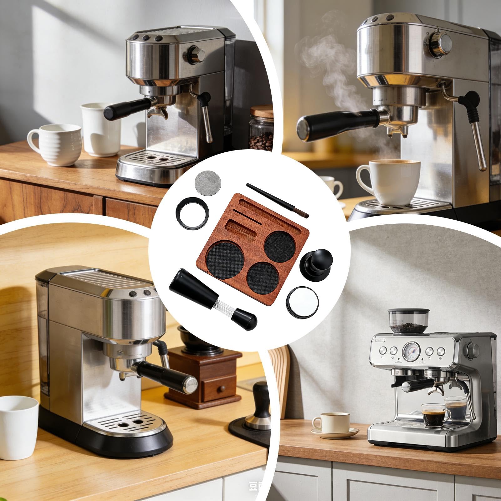 Kit de accesorios para espresso 7 piezas, juego de manipulación de café de 51 mm/58 mm con herramienta WDTde manipulación de café, embudo dosificador, cepillo de pantalla, estación de apisonamiento