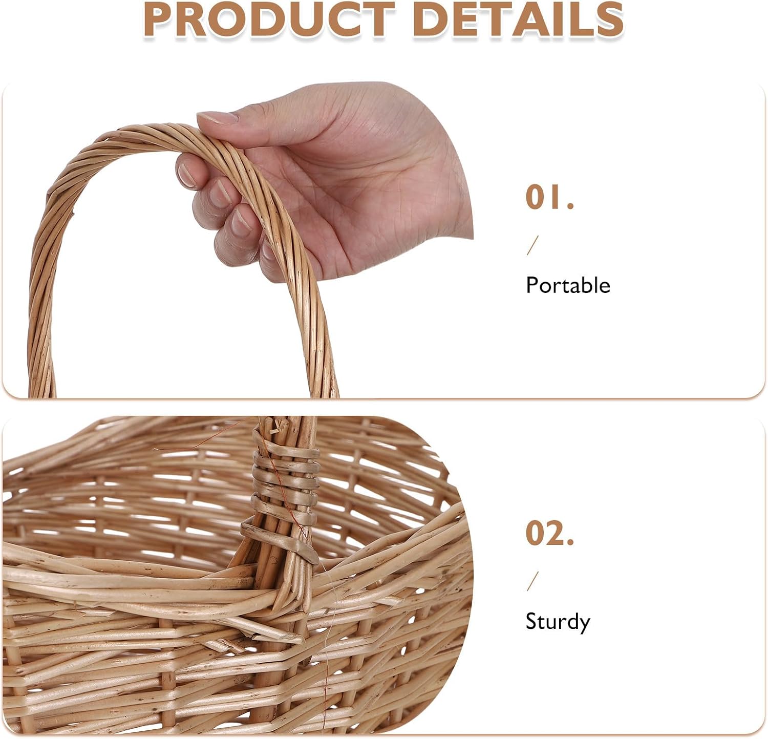 Oval Handwoven Willow Harvest Basket with Handle for Fruit | Khaki Finish, Natural Ventilation, Decorative Country Style, Portable Shape for Garden Use and Wedding Settings