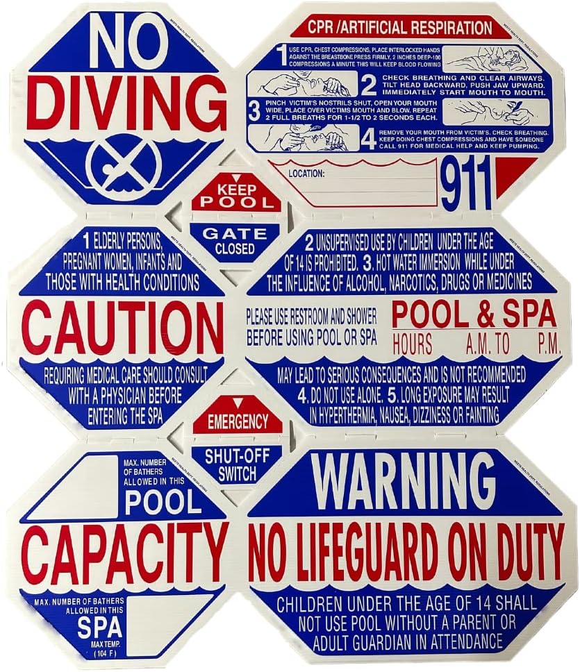 DPM Swimming Pool Safety Sign 8 in 1 Eightway Safety Sign | Meets California Health Department Regulations | Laminated High-Density Polyethylene/Propylene