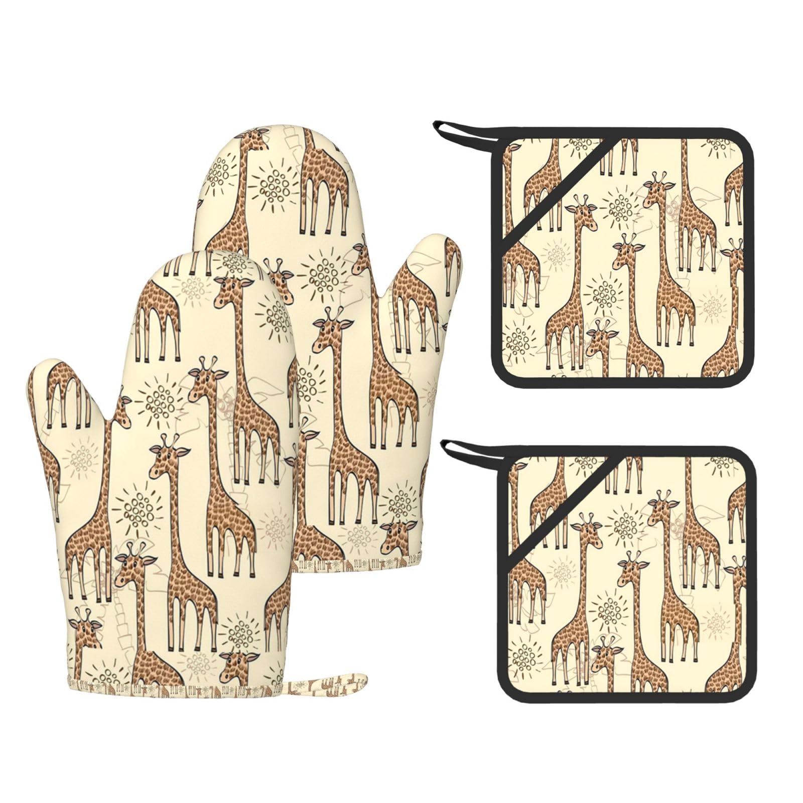 Ensemble de Quatre Gants et maniques résistants à la Chaleur, Gants de Cuisine antidérapants, maniques de Four, Motif Girafe dessiné à la Main
