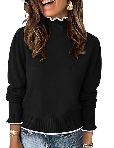 Rapbin Fall Sweaters for Women Ruffle Mock Neck Puff Sleeve Pullover Tops | 2026 Winter Ladies Sweater, Soft Knit Fabric, Regular Fit Fashion Clothing, Dressy Casual Daily Business Wear Outfits - Medium - Black With White