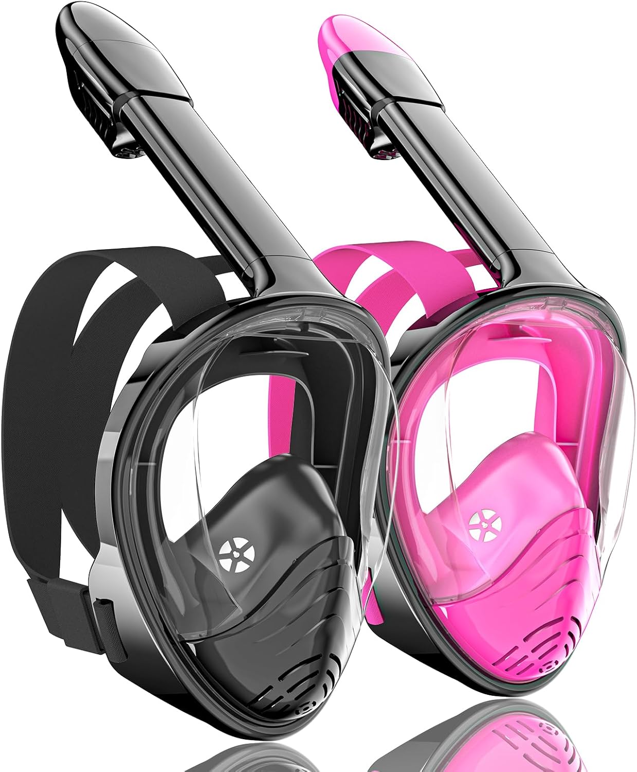 QingSong Full Face Snorkel Mask for Adults, Snorkeling Gear with Camera Mount, 180 Degree Panoramic View Snorkel Set Anti-Fog Anti-Leak 2 Pack - Black+Pink Large-X-Large