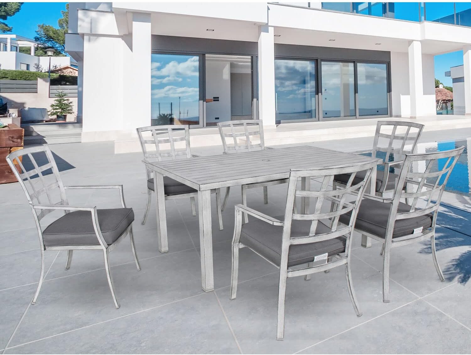 Hanover 7-Piece Spring Lake Outdoor Furniture Dining Set, 6 Cushioned Aluminum Chairs and 62"X36.5" Slat Top Table, All-Weather Rust-Resistant, White/Grey : Patio, Lawn & Garden