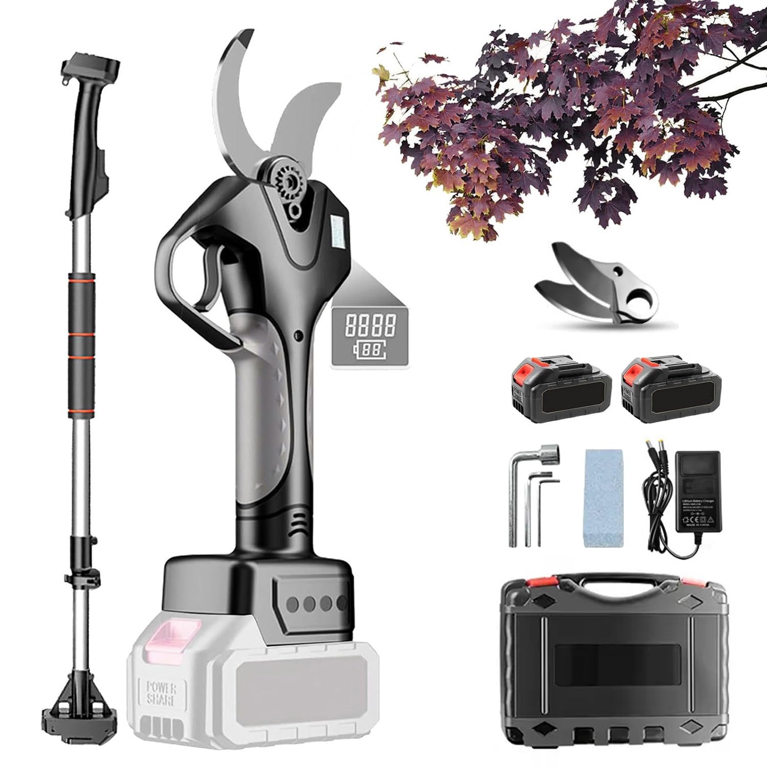 Tijeras de Podar Eléctricas Inalámbricas con Pértiga Telescópica de 210cm y 2 * 2.0Ah Baterías, Corta Ramas de hasta 45mm, Pantalla LCD, Hojas SK5, Ideal para Setos, Árboles Frutales y Viñedos