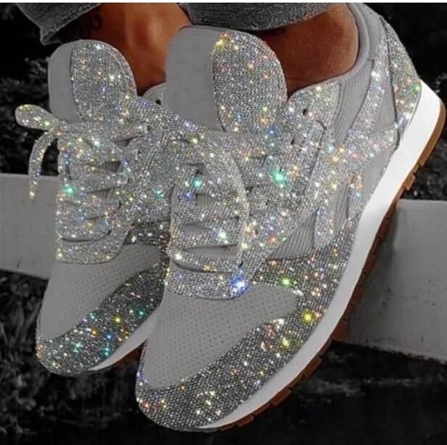 Women's Bling Lace Up Tennis Shoes Fashion Glitter Rhinestone Slip On Breathable Sneakers Comfy Orthotic Anti Slip Running Flat Dress Sneakers