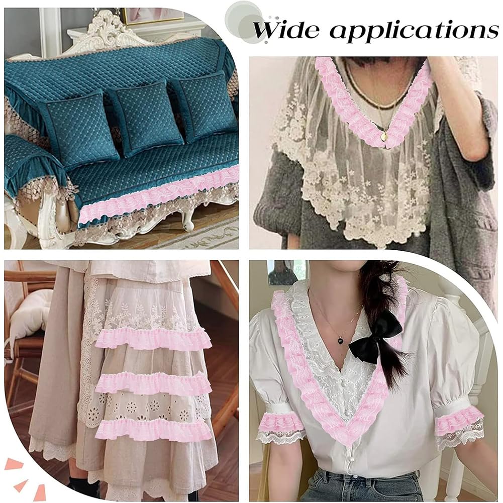 GORGECRAFT 11 Yards Pink Double-Layer Pleated Chiffon Lace Trim 5cm Wide 2-Layer Gathered Ruffle Trim Edging Tulle Trimmings Fabric Ribbon Jacquard lace for DIY Sewing Crafts Pillowcase Embellishments