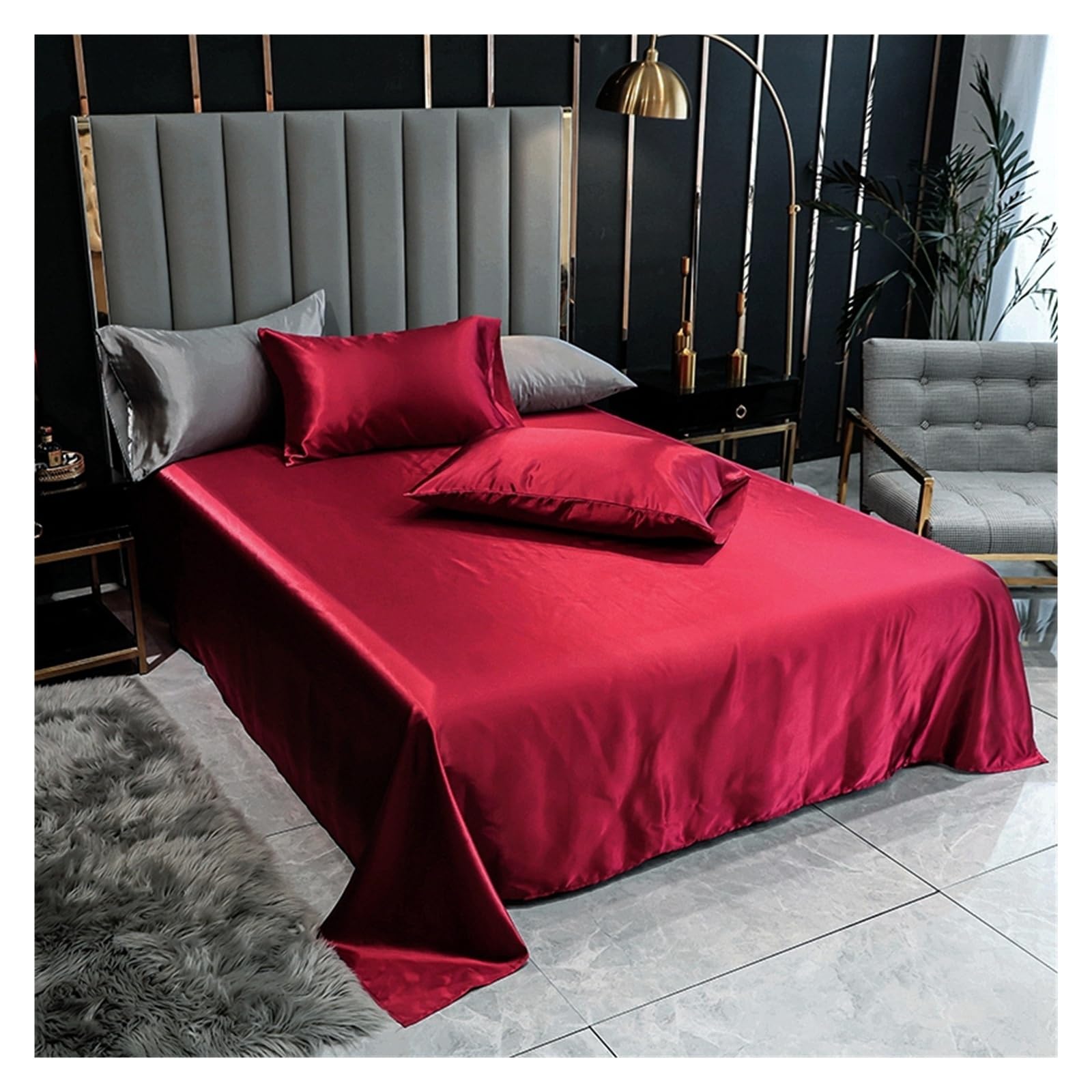 Solid Silky Satin Soft Bed Sheets,Satin Seamless Flat Sheet Optional Pillowcase(2Pliiowcases50*75cm,245x270cm)