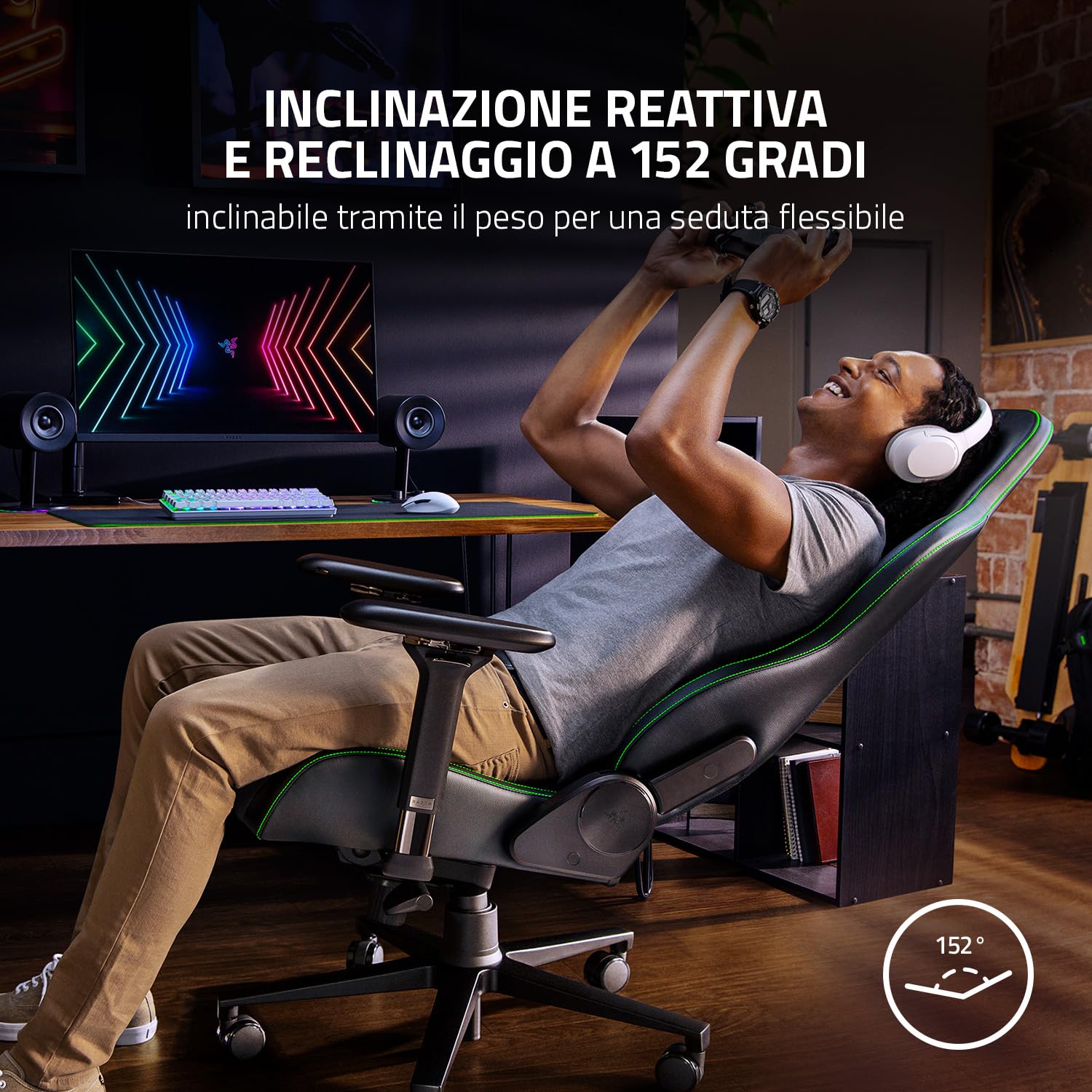 Razer Enki (Black) - Sedia da Gaming con Supporto Lombare Integrato, Finta Pelle Multistrato, Cuscini in Schiuma Ad Alta Densità, Braccioli 4D, Cuscino Poggiatesta