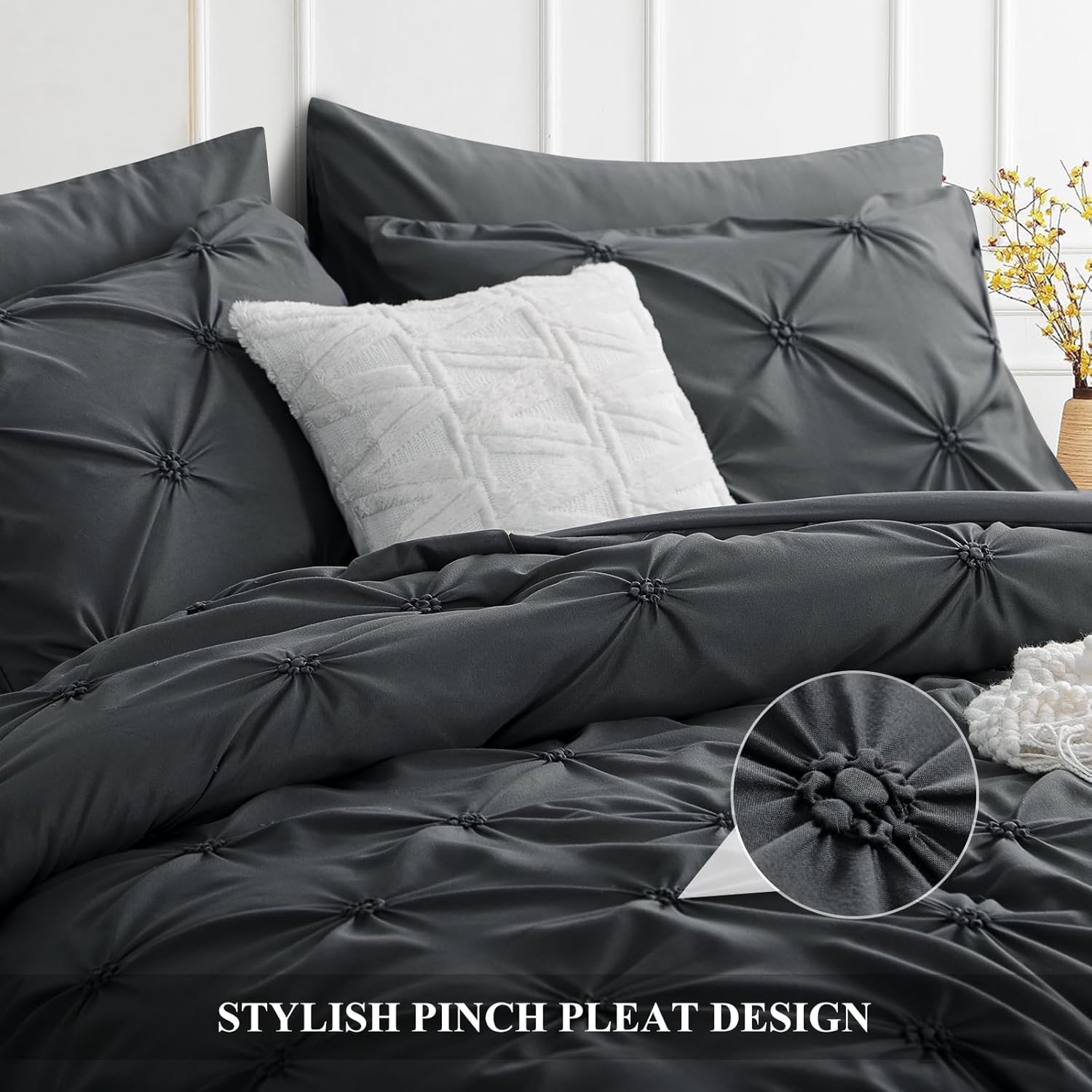 Aisbo Pintuck Comforter Set Twin - Anthracite Grey Pinch Pleated 2-Pieces Comforter Set Soft and Lightweight, All Season Down Alternative Comforter for Twin Size Bed with 1 Pillow Shams