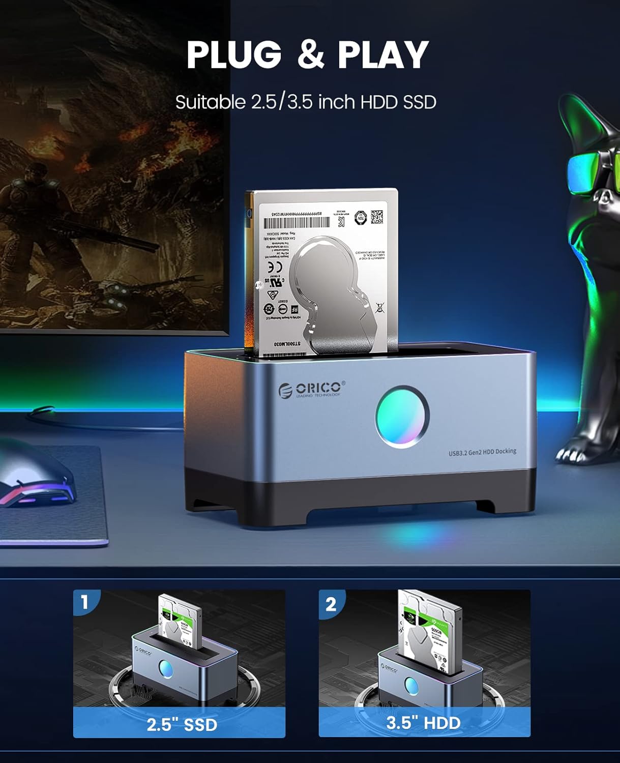 Image showing how to insert 2.5-inch SSD and 3.5-inch HDD into the docking station.