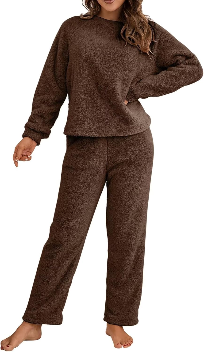 Beralst Women's Fleece Pajamas Set Crewneck Pullover Tops Pants Sleepwear