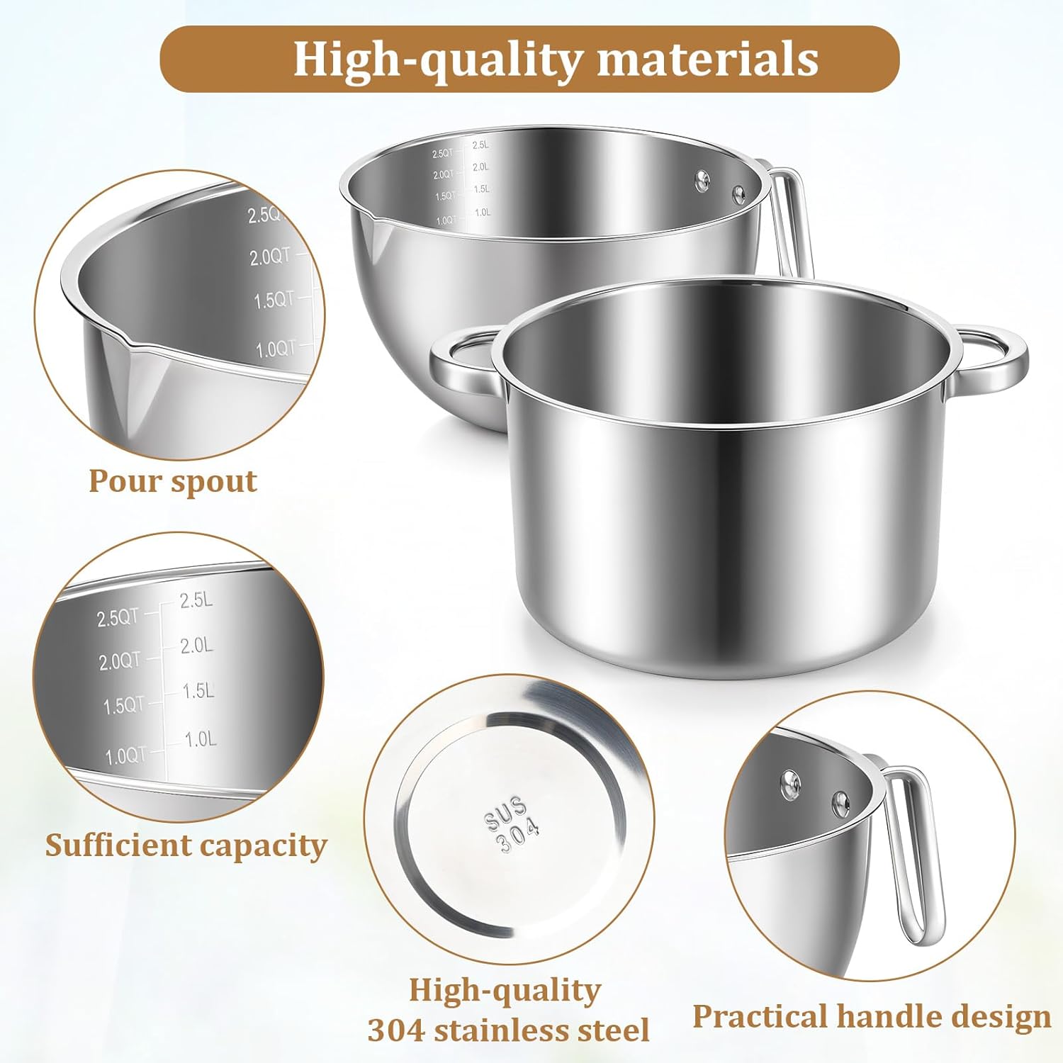 4-Piece Double Boiler, Chocolate Melting Pot Set Include 2500ml/2.3QT Mixing Bowl and 4000ml/3.63qt Stainless Steel Pot, Silicone Spatula, Stainless Steel Stirring Spoon, Induction Safe