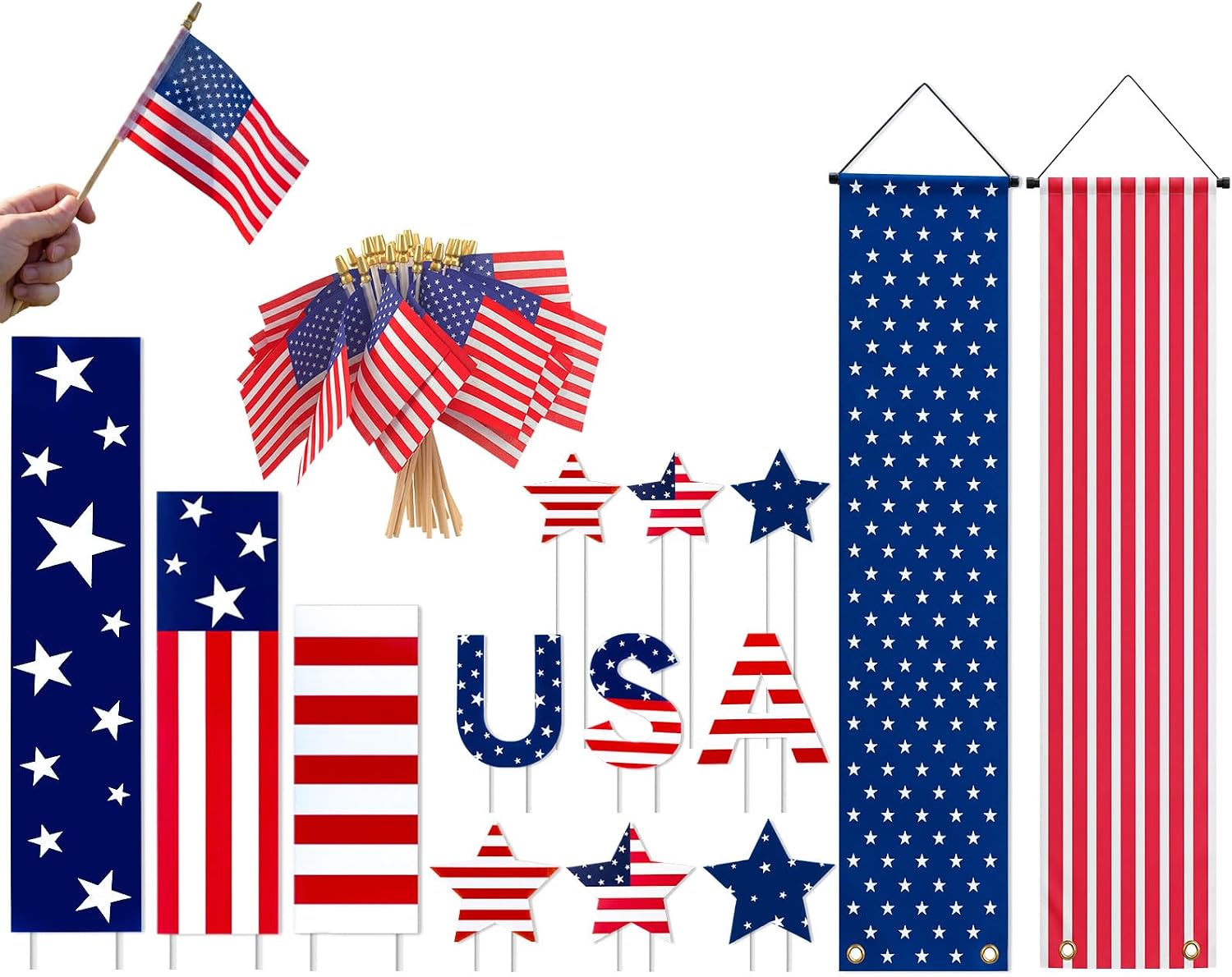 Wenqik 64 Pcs 4th of July Yard Signs Outdoor Decoration Set, 71 Inch Patriotic Porch Banners, USA Star Yard Stakes, Small American Stick Flags for Veterans Day 250th Independence Day Outdoor Decor