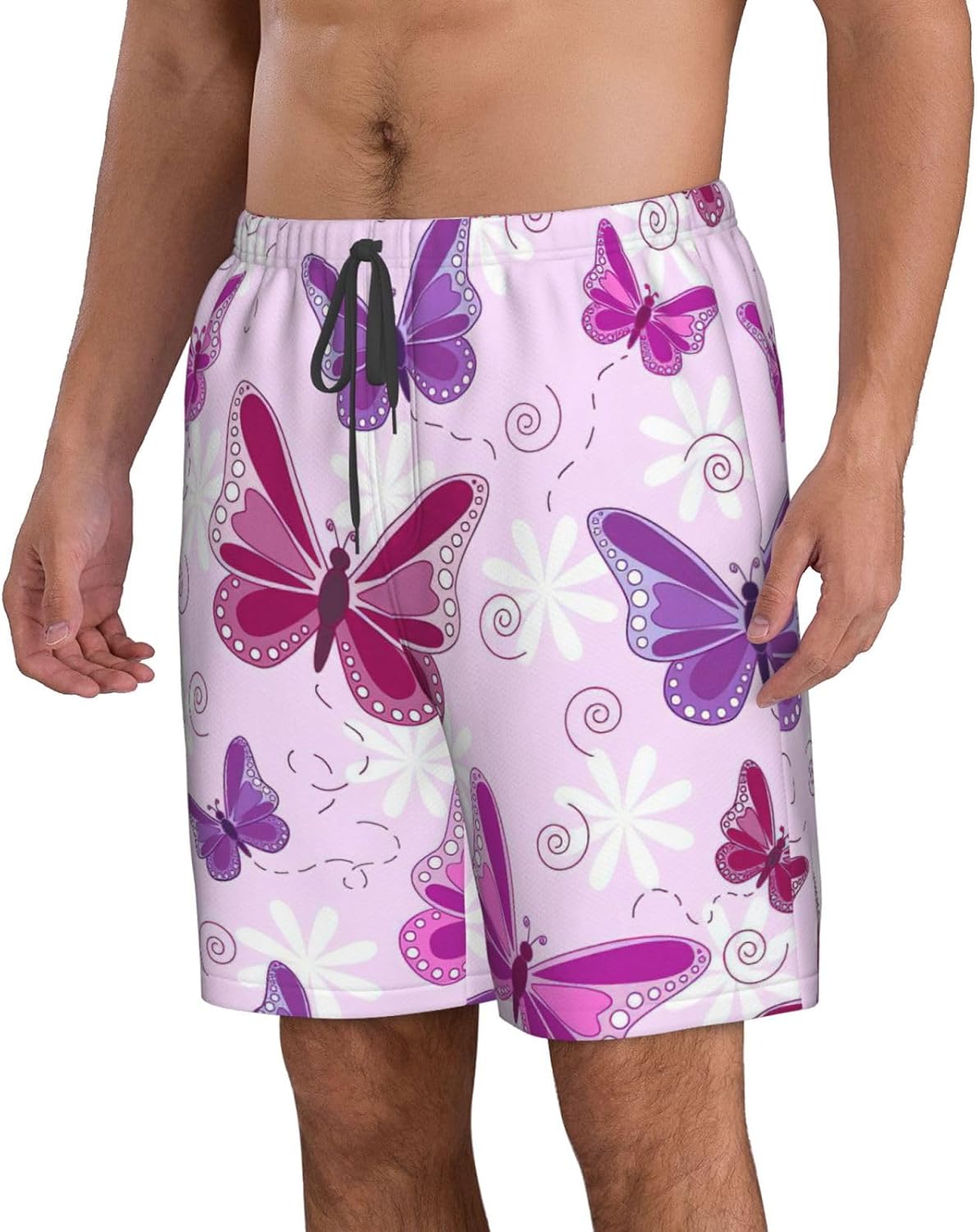 Butterfly Print Men's Hawaiian Beach Shorts Elastic Novelty Summer Casual Shorts with Pocket