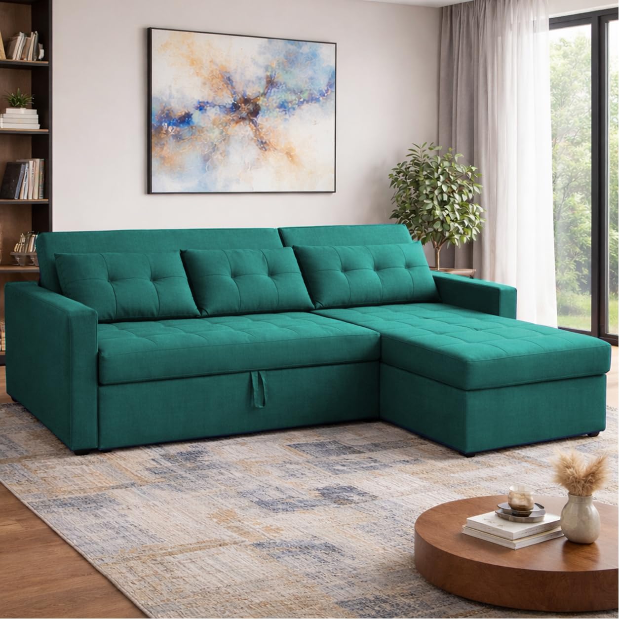 Casaliving Treshta 4 Seater RHS L - Shape Pull-Out Sofa Cum Bed with Storage Sofa for Living Room (Pine Fabric Color) Premium Fabric Sofa Set for Living Room Sofa Cum Bed-picture-42