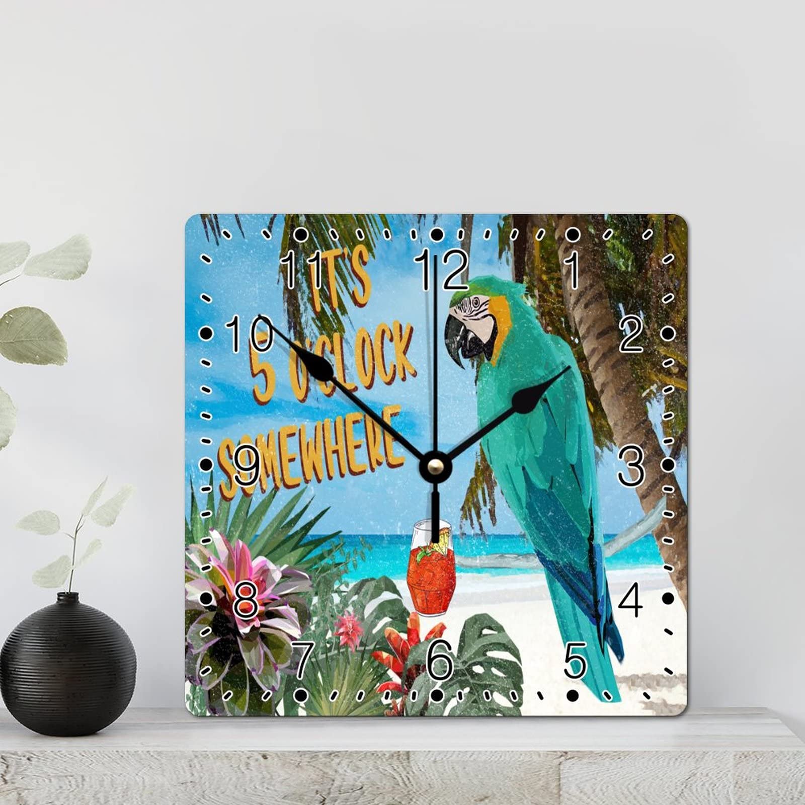 Horloge murale rustique peinte de fleurs tropicales, objet d'art en bois de 30,5 cm