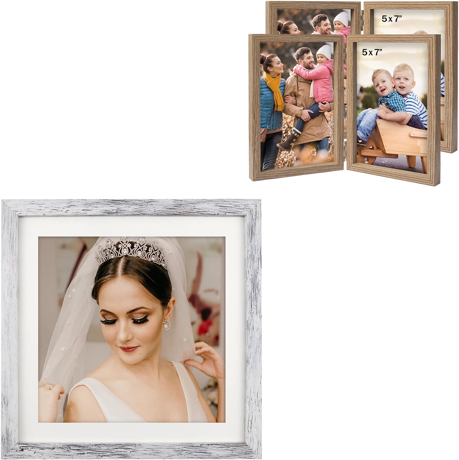 ORIVANWhite 10x10 Picture Frames for Wall and Tabletop Frame with 2 Pack 5x7 Double Picture Frames Hinged Folding Frame