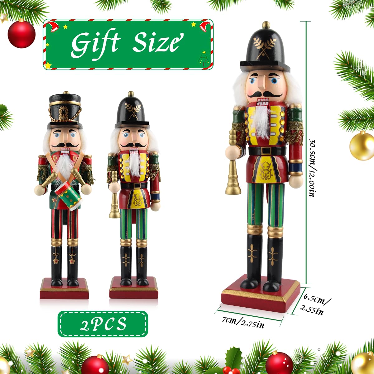 Nussknacker Figur, 2 Große Nussknacker Weihnachtsfiguren aus Holz, Soldat im Erzgebirge-Stil, Handbemalter Traditionelle Weihnachtsdeko(A)