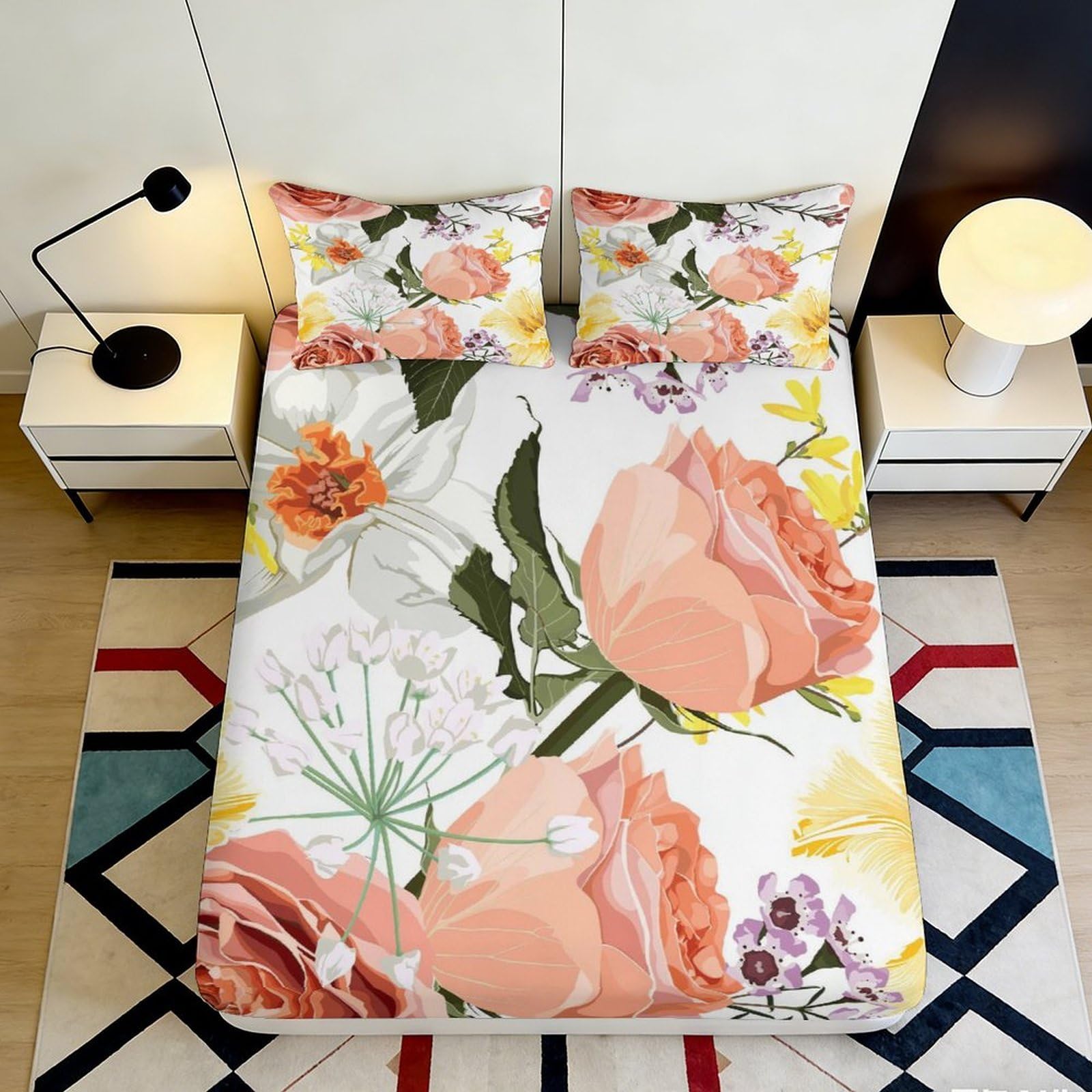 3D Printed Floral Garden Fitted Sheet Microfiber Soft Peach Blossom Mattress Cover Bedroom Guest Room Decor Washable 90x200x25cm