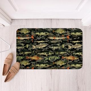 Castle Fairy Bass Fish Bathroom Rugs,Fishing and Hunting Shaggy Absorbent Floor Mat for Shower Tub,Camouflage Bath Mats,Green Bathroom Accessories Decor 16"x24"
