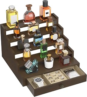 MODOWEY Perfume Organizer Cologne Holder Stand Shelf for Men, 5 Tiers Brown | Wooden Wide-Spaced Rack with Drawer, Large Capacity Storage for Dresser Countertop, for a Neat, Accessible Fragrance Display