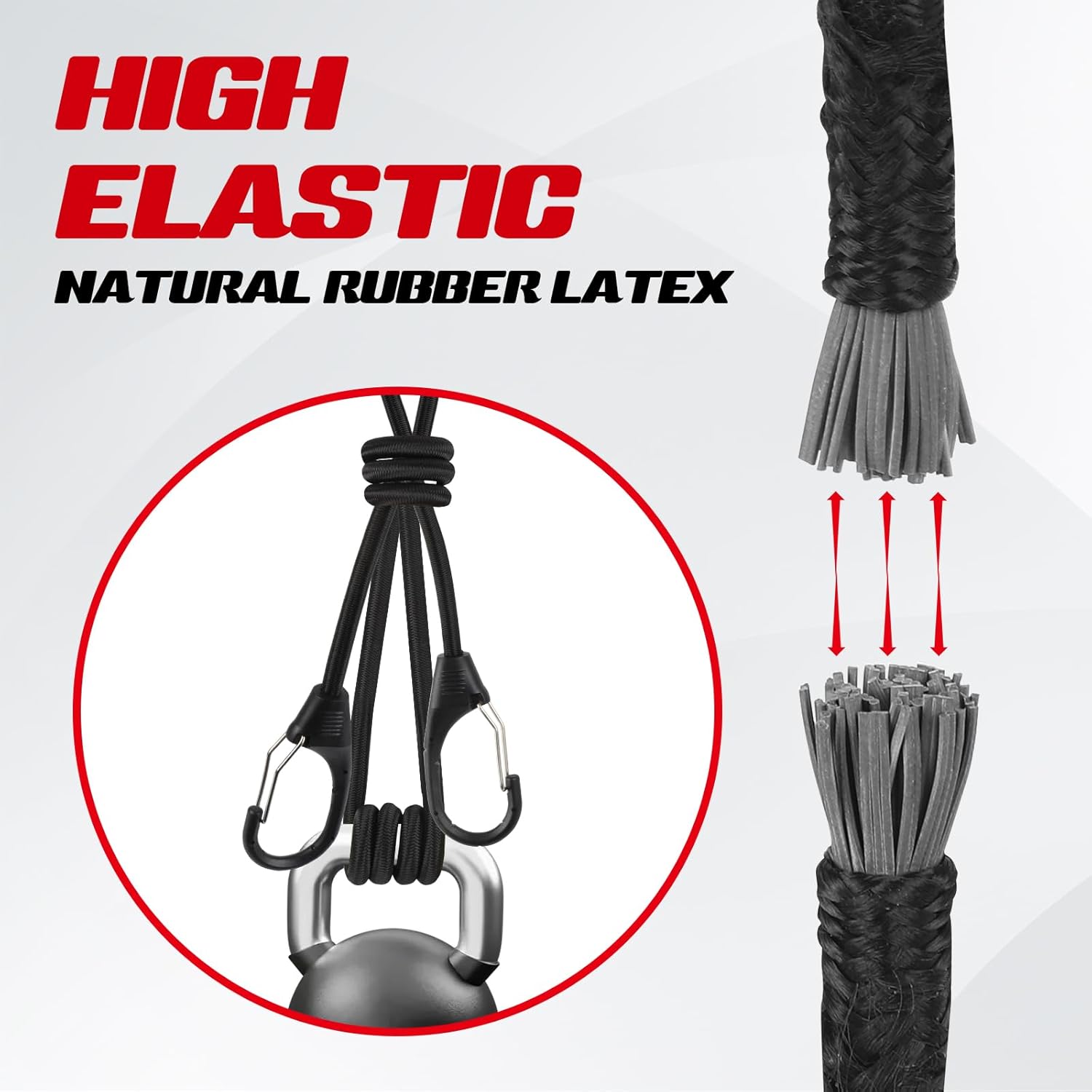 Carabiner Bungee Cords with Hooks 48 inch Black, 4-Piece Package, UV Resistant, High Elastic Natural Rubber Shock Cord