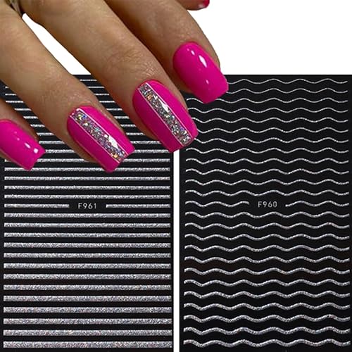 Miniatura 6 de 8 hojas de calcomanías de uñas con punta francesa con purpurina, diseño de corazón plateado, mariposa, calcomanías de uñas 3D, autoadhesivas,