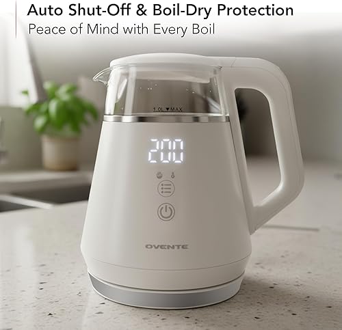 Miniatura 8 de OVENTE Hervidor eléctrico pequeño de 1 L con 5 preajustes de temperatura, pantalla digital, 5 horas de mantenimiento del calor, apagado automático,