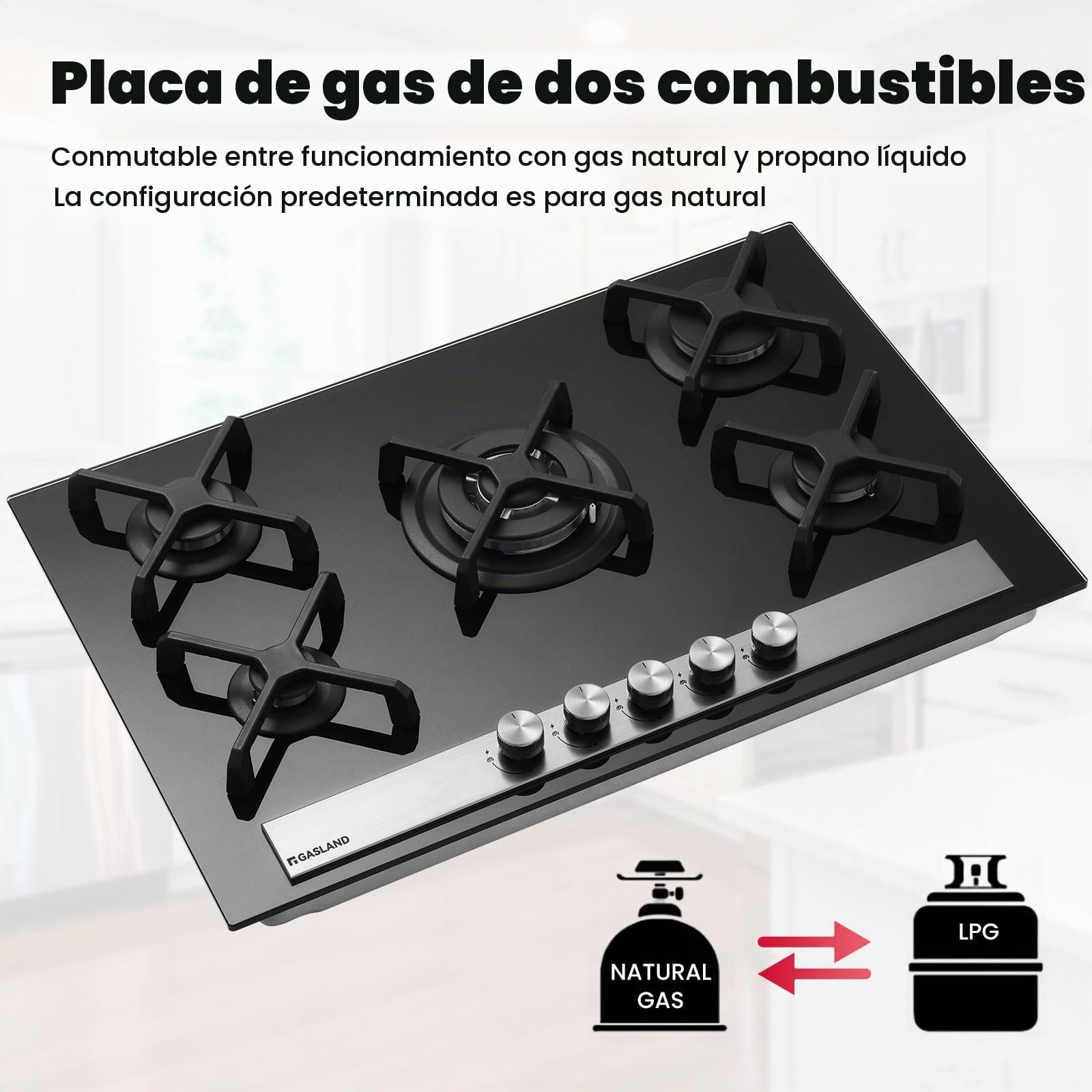 GASLAND GH6805BG1FC Cocina de Gas Butano, Encimera de Cristal Con 5 Fogones y Quemador Wok, Placa Empotrable Negra de 76 cm, 10,4 KW