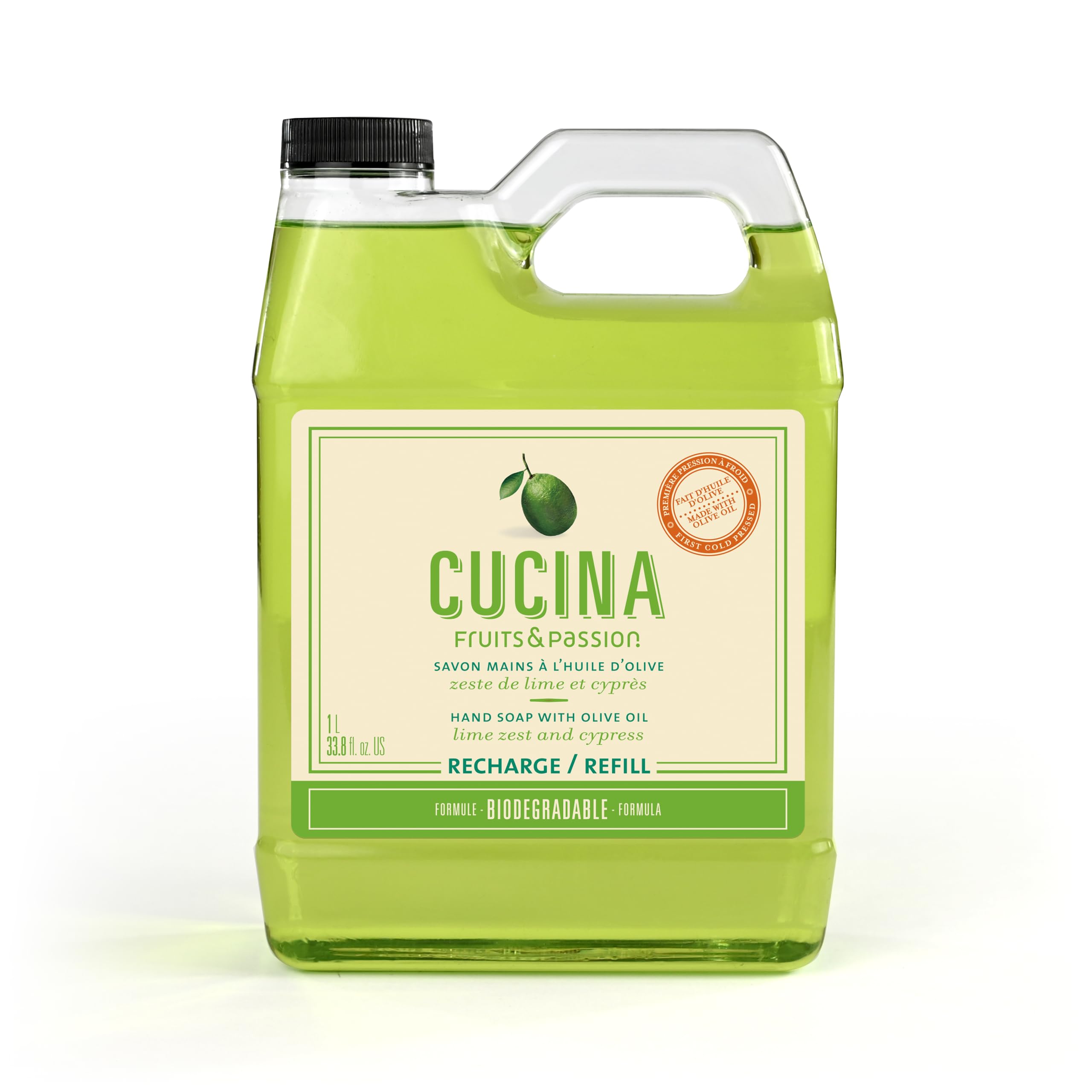 Cucina Fruits & Passion Hand Soap Refill – 1 Liter (33.8 oz) Lime Zest and Cypress – Purifying All Natural Kitchen Hand Soap with Olive Oil – Vegan and Moisturizing Formula