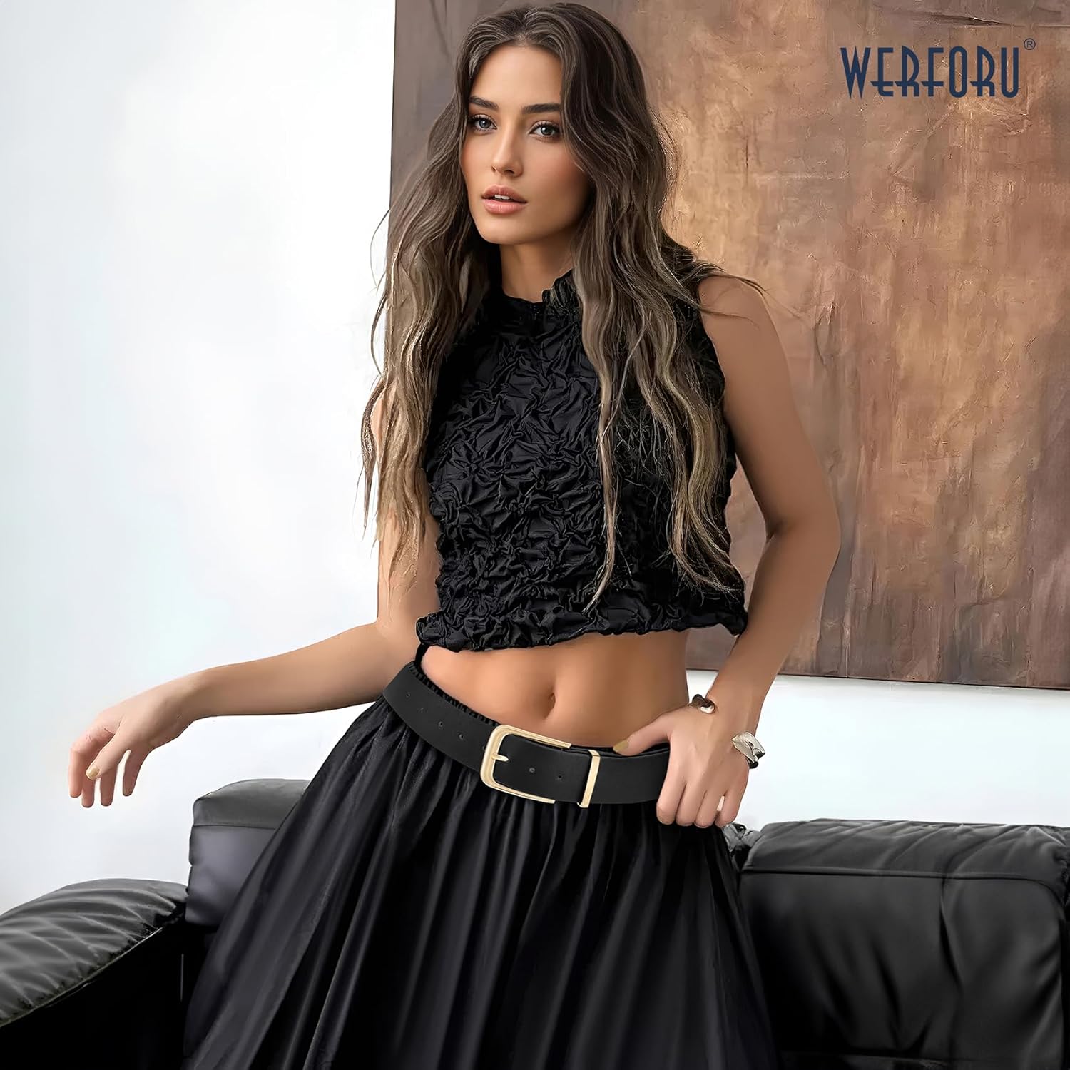 WERFORU Women Wide Leather Belt Women Fashion Wide Belt for Dresses Jeans Ladies Fashion Thick Waistbelt with Gold Buckle - Image 5