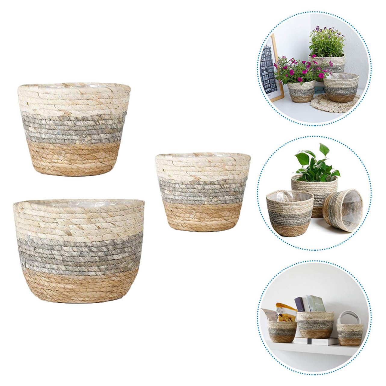 Toyvian 3 Stück Handgewebte Strohblumentöpfe Konisch S–l Dekorative Pflanzgefäße für Balkon Garten Terrasse Leicht und Langlebig Zufällige Farbe