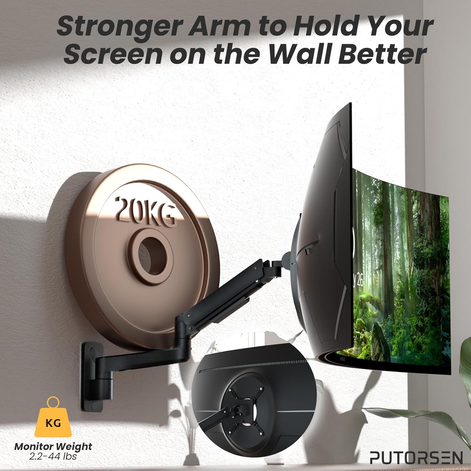 PUTORSEN 17-49 inch Premium Ultrawide Monitor Wall Mount, Heavy Duty Single Wall Mount Monitor Arm up to 44lbs, Fully Adjustment, VESA 75/100/200, Black