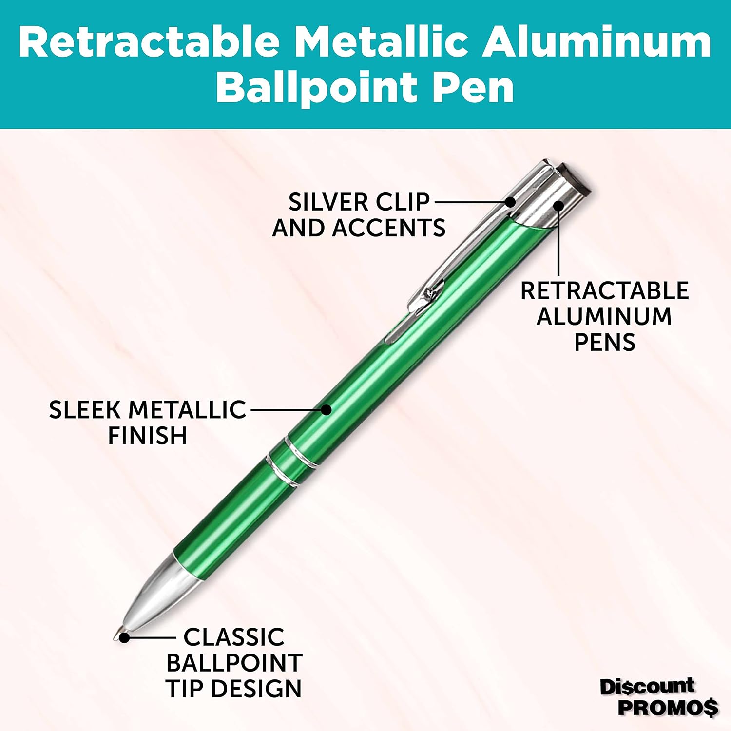 DISCOUNT PROMOS Ballpoint Aluminum Pens Set of 10, Bulk Pack - Black Ink, Great for Office, School, Business, Tradeshows, Other Events - Green
